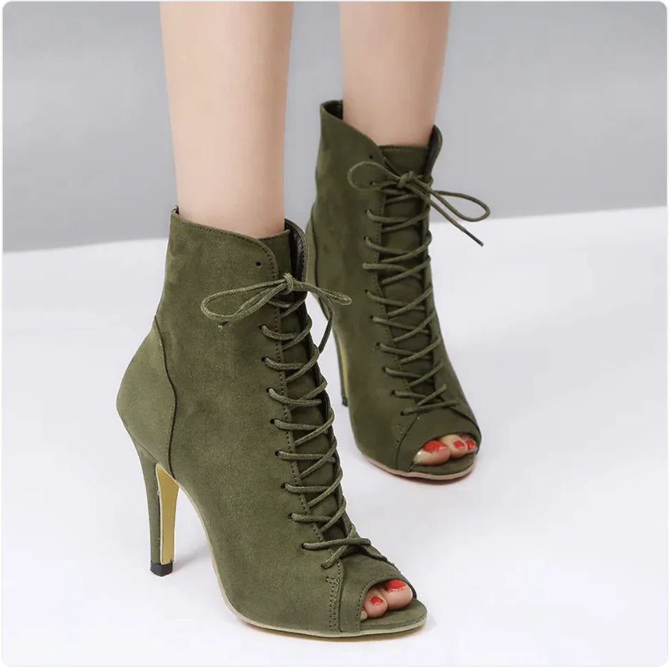 ETHEREAL Peep-Toe Lace-Up Ankle Boots