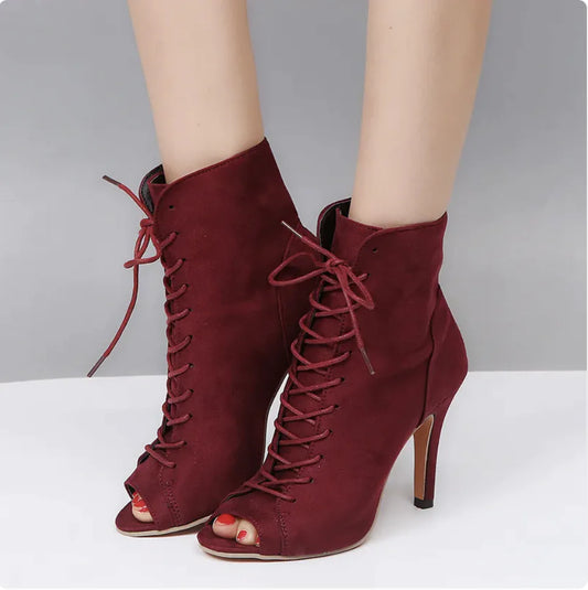 ETHEREAL Peep-Toe Lace-Up Ankle Boots
